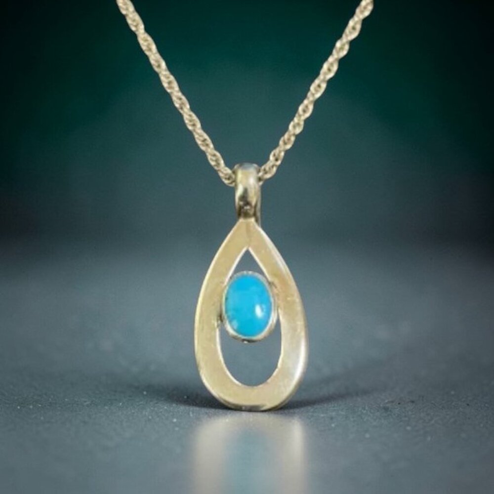 VTG Artisan Sterling Silver Turquoise Teardrop Pendant Necklace Southwestern